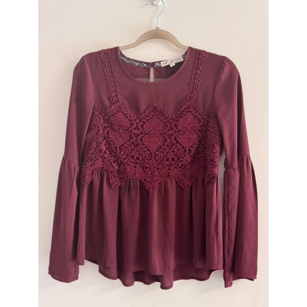 Jolt Womens Burgundy Crochet Lace Peplum Top Bell Sleeve Small Boho Indie Casual